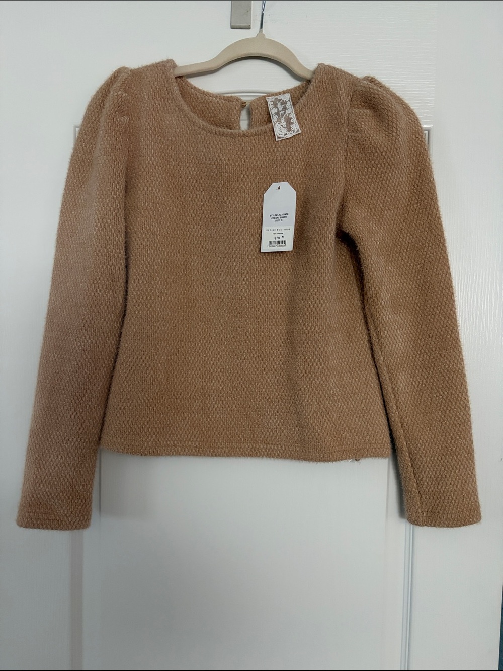 Sadie & Sage Camel Puff Sleeve Crew Sweater